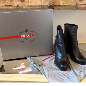 Prada Calzature Donna Leather Wedege Ankle Boots Booties Shoes Black Women 38.5